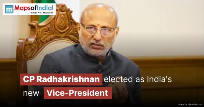 CP Radhakrishnan, in a traditional Indian suit, sits on an ornate chair with the text "CP Radhakrishnan elected as India's new Vice-President" displayed across the image.