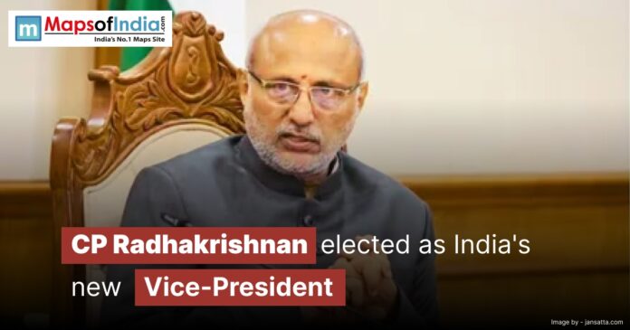 CP Radhakrishnan, in a traditional Indian suit, sits on an ornate chair with the text "CP Radhakrishnan elected as India's new Vice-President" displayed across the image.
