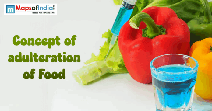 Image showing colorful bell peppers with a syringe injecting blue liquid into lettuce, alongside a glass of blue liquid, illustrating the concept of food adulteration.