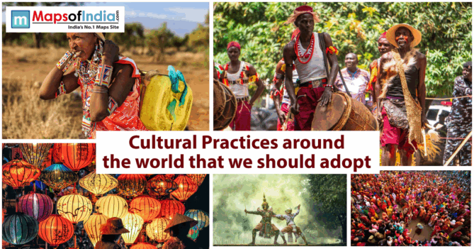 A photo collage with five images illustrating the theme "Cultural Practices around the world that we should adopt."