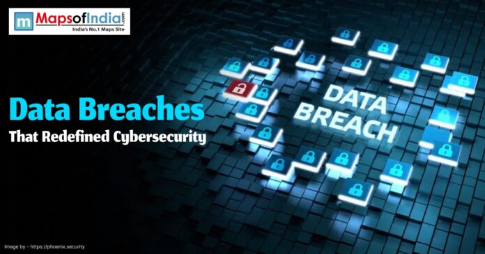 Illustration of major data breaches that reshaped cybersecurity practices and raised awareness about data privacy and online security