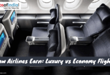 How Airlines Earn: Luxury vs Economy Flights A dark image showing the interior of an airplane cabin with three rows of business or first-class seats with personal entertainment screens.