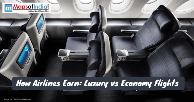 A dark image showing the interior of an airplane cabin with three rows of business or first-class seats with personal entertainment screens.