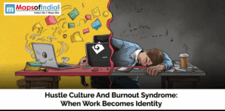Hustle Culture and Burnout Syndrome: When Work Becomes Identity An illustrated image shows the stark contrast between hustle culture and burnout. On the left, a vibrant yellow background depicts a man energetically working on his laptop with papers flying around. On the right, a gloomy, dark grey background shows the same man slumped over his desk, exhausted, with a half-empty coffee cup next to him.
