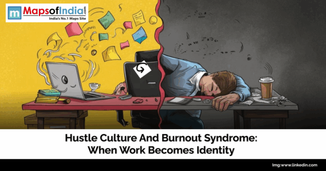 An illustrated image shows the stark contrast between hustle culture and burnout. On the left, a vibrant yellow background depicts a man energetically working on his laptop with papers flying around. On the right, a gloomy, dark grey background shows the same man slumped over his desk, exhausted, with a half-empty coffee cup next to him.