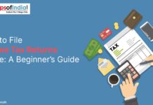How to File Income Tax Returns Online: A Beginner’s Guide Illustration showing documents, calculator, money, and credit card with the title ‘How to File Income Tax Returns Online: A Beginner’s Guide’ from Maps of India.