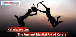 Kalaripayattu: The Ancient Martial Art of Kerala Two silhouettes of martial artists mid-air performing Kalaripayattu moves with swords and shields at sunset, highlighting the ancient martial art of Kerala.