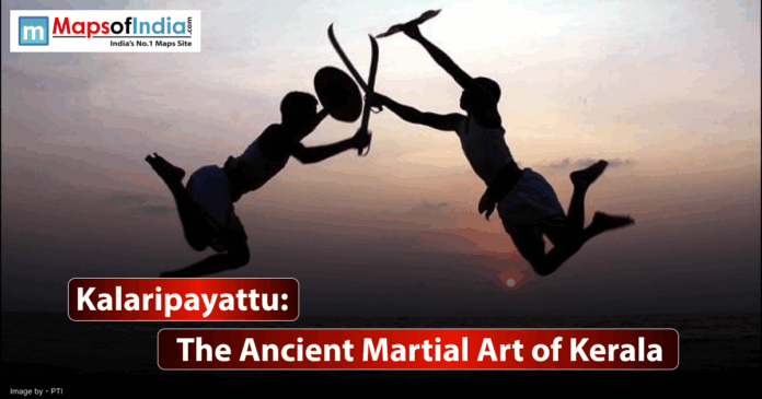 Two silhouettes of martial artists mid-air performing Kalaripayattu moves with swords and shields at sunset, highlighting the ancient martial art of Kerala.