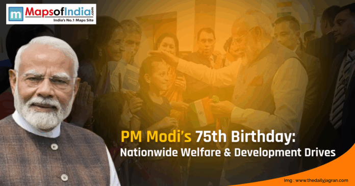 PM Narendra Modi interacting with citizens during his 75th birthday celebration marked by nationwide welfare and development drives.
