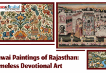 Pichwai Paintings of Rajasthan: A Timeless Devotional Art A collage of vibrant Pichwai paintings from Rajasthan depicting intricate floral patterns, sacred cows, and traditional devotional scenes centered around Lord Krishna in a historical architectural setting.