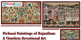 Pichwai Paintings of Rajasthan: A Timeless Devotional Art A collage of vibrant Pichwai paintings from Rajasthan depicting intricate floral patterns, sacred cows, and traditional devotional scenes centered around Lord Krishna in a historical architectural setting.
