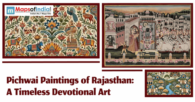 A collage of vibrant Pichwai paintings from Rajasthan depicting intricate floral patterns, sacred cows, and traditional devotional scenes centered around Lord Krishna in a historical architectural setting.