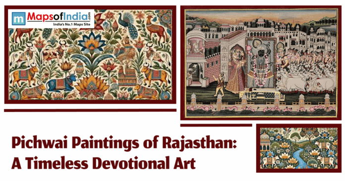 A collage of vibrant Pichwai paintings from Rajasthan depicting intricate floral patterns, sacred cows, and traditional devotional scenes centered around Lord Krishna in a historical architectural setting.