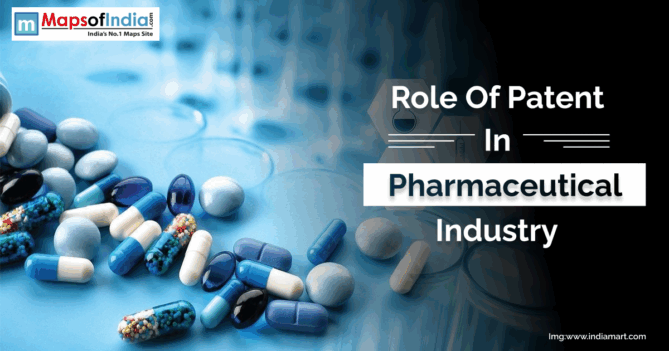 Image of capsules and tablets on a surface with text highlighting Role of Patent in Pharmaceuticals.