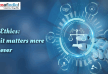 Tech Ethics: Why It Matters More Than Ever A graphic illustrating Tech Ethics with a robotic hand touching a digital circle containing a scale of justice surrounded by icons representing concepts like data security, privacy, and regulation. The title is "Tech Ethics: Why it matters more than ever".