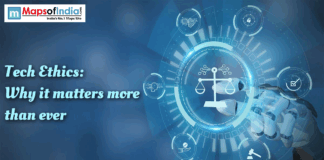 Tech Ethics: Why It Matters More Than Ever A graphic illustrating Tech Ethics with a robotic hand touching a digital circle containing a scale of justice surrounded by icons representing concepts like data security, privacy, and regulation. The title is "Tech Ethics: Why it matters more than ever".