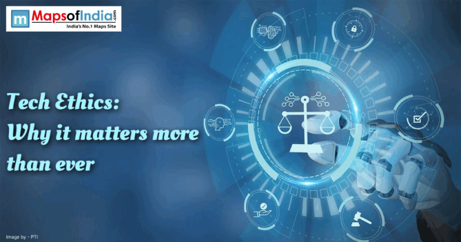 A graphic illustrating Tech Ethics with a robotic hand touching a digital circle containing a scale of justice surrounded by icons representing concepts like data security, privacy, and regulation. The title is "Tech Ethics: Why it matters more than ever".