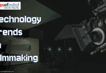 Technology Trends in Filmmaking: Revolutionizing the Silver Screen Graphic showing the title 'Technology trends in filmmaking' with a background of a professional film camera and a dimly lit film set