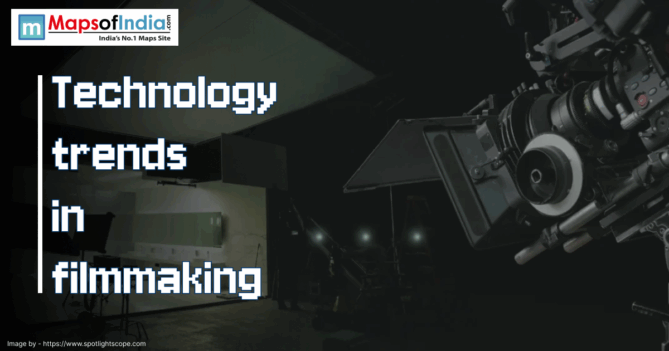 Graphic showing the title 'Technology trends in filmmaking' with a background of a professional film camera and a dimly lit film set