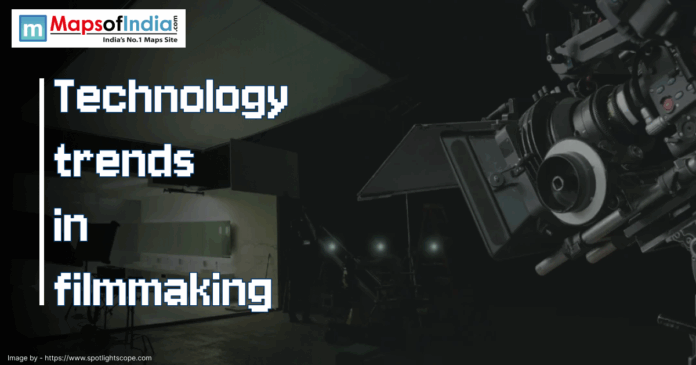 Graphic showing the title 'Technology trends in filmmaking' with a background of a professional film camera and a dimly lit film set