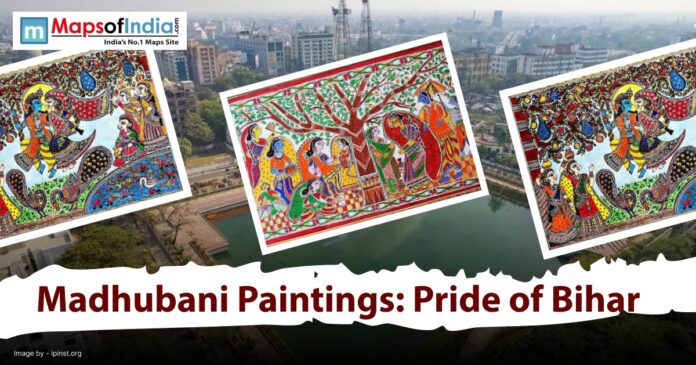 Madhubani paintings from Bihar showcasing traditional Indian folk art with vibrant colors, cultural motifs, and heritage designs.
