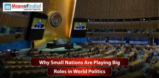 Why Small Nations Are Playing Big Roles in World Politics United Nations hall filled with rows of chairs where representatives from different countries discuss global political issues.