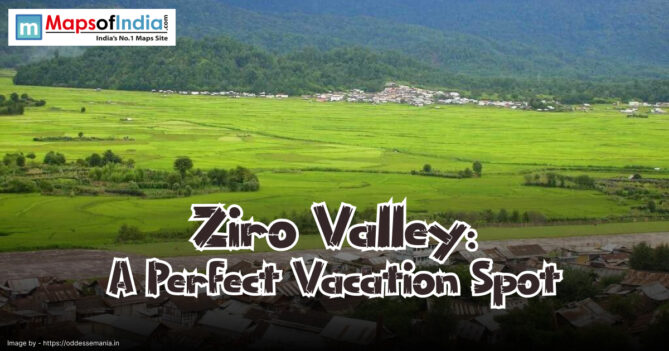 Scenic view of Ziro Valley with lush green fields and distant hills, featuring text "Ziro Valley: A Perfect Vacation Spot."