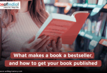 What Makes a Book a Bestseller and How to Get Your Book Published A woman holding and reading a book in a bookstore, with shelves of books in the background. Text overlay reads, "What makes a book a bestseller, and how to get your book published."
