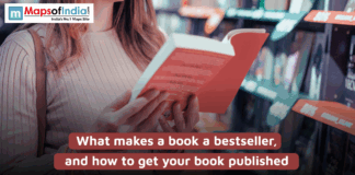 What Makes a Book a Bestseller and How to Get Your Book Published A woman holding and reading a book in a bookstore, with shelves of books in the background. Text overlay reads, "What makes a book a bestseller, and how to get your book published."