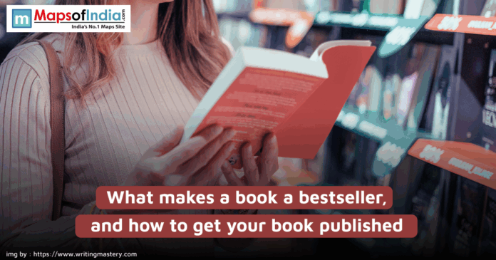 A woman holding and reading a book in a bookstore, with shelves of books in the background. Text overlay reads, "What makes a book a bestseller, and how to get your book published."