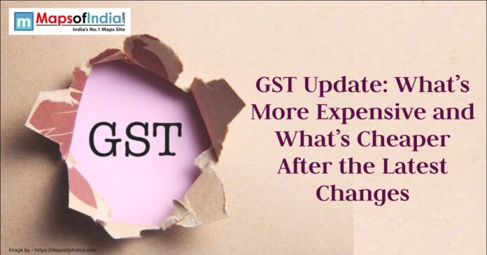 Illustration showing GST rates and pricing changes, highlighting what’s more expensive and cheaper after the latest update.