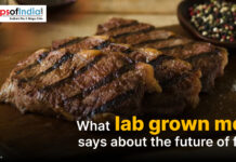 What Lab Grown Meat says about the Future of Food Grilled lab-grown meat steak served on a wooden board with pepper and salt, illustrating the concept of lab-grown meat and the future of food.