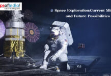 Space Exploration: Current Missions and Future Possibilities An astronaut kneeling on the lunar surface, working with equipment as another astronaut stands by a lunar lander in the background. The scene takes place on the Moon against a dark, starry sky.