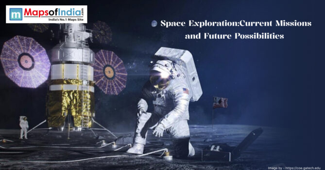 An astronaut kneeling on the lunar surface, working with equipment as another astronaut stands by a lunar lander in the background. The scene takes place on the Moon against a dark, starry sky.