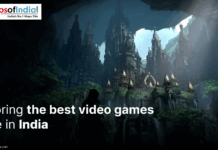 Exploring the Best Video Games Made in India Poster featuring ancient temple ruins in a lush forest with a silhouette of a gamer character, overlaid with the text "Exploring the best video games made in India" and the Maps of India logo.