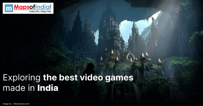 Poster featuring ancient temple ruins in a lush forest with a silhouette of a gamer character, overlaid with the text "Exploring the best video games made in India" and the Maps of India logo.