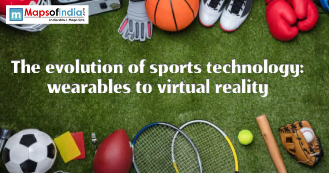 A variety of sports equipment is arranged on grass with the text "The evolution of sports technology: wearables to virtual reality" overlaid in the center.