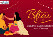 Bhai Dooj 2025: Celebrate the Bond of Siblings A sister applies a tilak to her brother during Bhai Dooj, with festive decorations and the text "Happy Bhai Dooj 2025: Celebrate the Bond of Siblings" on a maroon background.