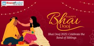 Bhai Dooj 2025: Celebrate the Bond of Siblings A sister applies a tilak to her brother during Bhai Dooj, with festive decorations and the text "Happy Bhai Dooj 2025: Celebrate the Bond of Siblings" on a maroon background.