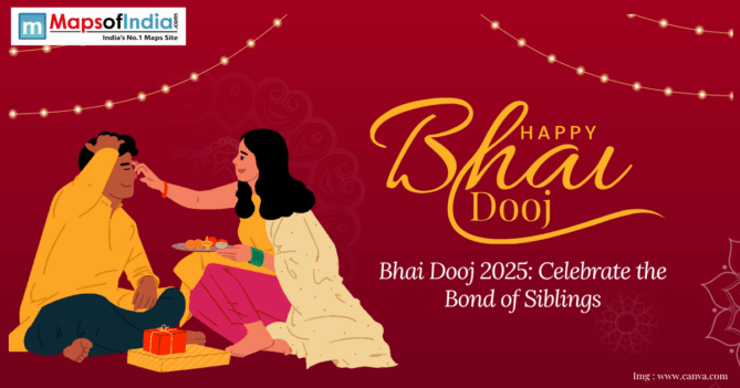 A sister applies a tilak to her brother during Bhai Dooj, with festive decorations and the text "Happy Bhai Dooj 2025: Celebrate the Bond of Siblings" on a maroon background.