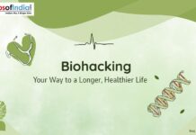 Biohacking Your Way to a Longer, Healthier Life Image with background of light and olive colour with title biohacking and illustration of DNA and heart in the background