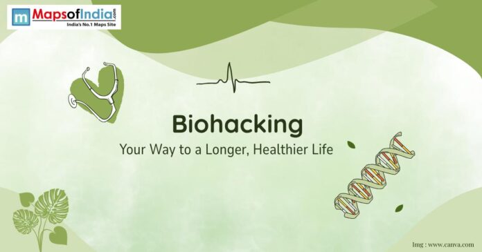 Image with background of light and olive colour with title biohacking and illustration of DNA and heart in the background