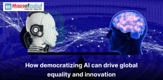 How Democratizing AI Can Drive Global Equality and Innovation Illustration showing a robotic AI head with digital connections facing a human head with a glowing brain, symbolizing the concept of democratizing AI to promote global equality and innovation.