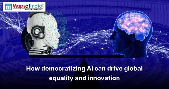 Illustration showing a robotic AI head with digital connections facing a human head with a glowing brain, symbolizing the concept of democratizing AI to promote global equality and innovation.