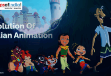 Evolution of Indian Animation Illustrated image showing popular Indian animated characters walking together toward a castle, representing the evolution of Indian animation. The image includes the Maps of India logo and text “Evolution of Indian Animation.”
