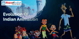 Evolution of Indian Animation Illustrated image showing popular Indian animated characters walking together toward a castle, representing the evolution of Indian animation. The image includes the Maps of India logo and text “Evolution of Indian Animation.”