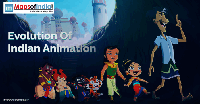 Illustrated image showing popular Indian animated characters walking together toward a castle, representing the evolution of Indian animation. The image includes the Maps of India logo and text “Evolution of Indian Animation.”
