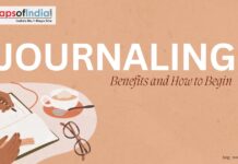 Journaling: Benefits and How to Begin Image of a person sitting on a table with a cup of coffee and specs and journaling