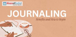 Journaling: Benefits and How to Begin Image of a person sitting on a table with a cup of coffee and specs and journaling