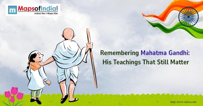 A kid with Gandhi Ji and Flag of India in the other corner